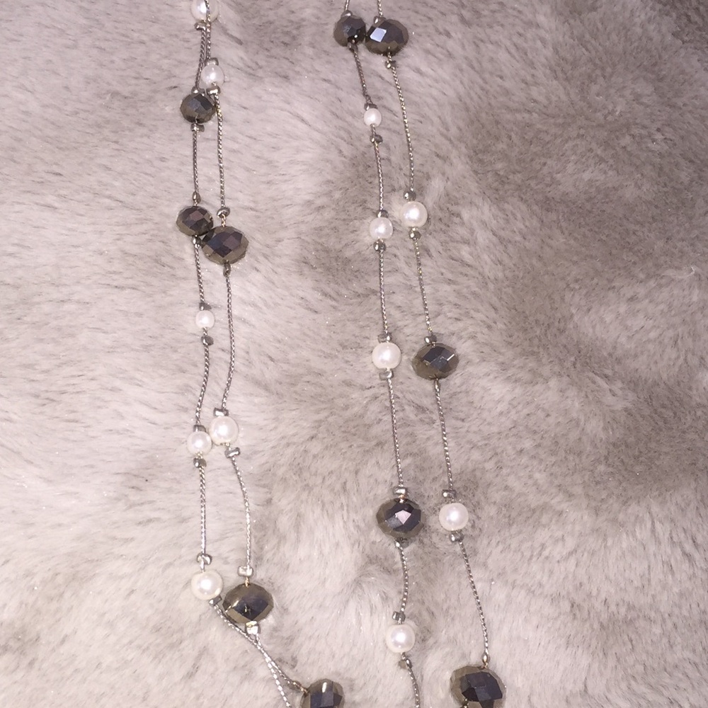 Long Beaded Necklace with Silver and Pearl Tones